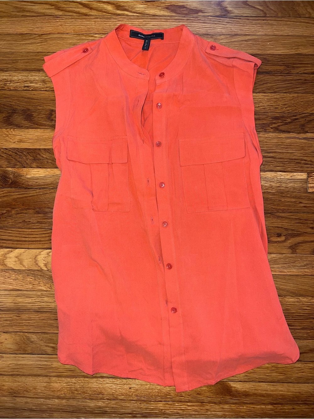 BCBGMaxAzria Sleeveless Button-Down Utility Blouse in Coral